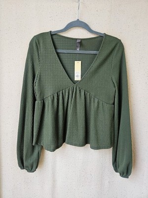 Francesca's Alya Olive Green Knit Blouse Top Shirt Babydoll Medium New Tags
