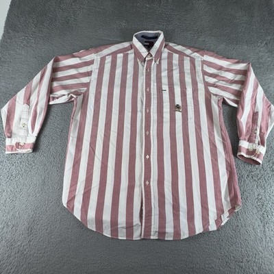 Vintage Tommy Hilfiger Button Down Shirt Mens Small Pink White Oxford Crest Logo