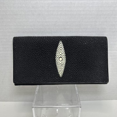 Black Genuine Stingray Skin Leather 7x3.5'' Checkbook Wallet Findig Design 