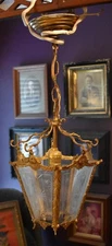 LOVELY MID CENTURY GILDED ETCHED GLASS 5-SIDED PENDANT LT FIXTURE HALLWAY FOYER