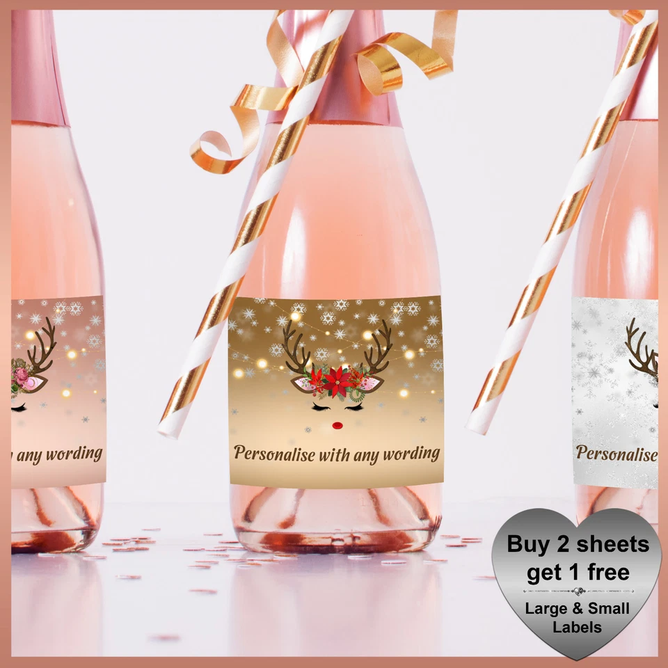 Personalised Christmas REINDEER CHAMPAGNE / WINE Prosecco Bottle Party LABELS
