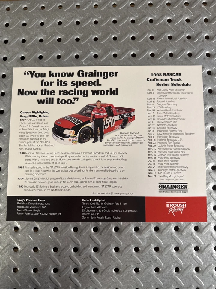 "Postal/folleto vintage 1998 Greg Biffle Nascar 8"" x 10""" Foto 2 de 2