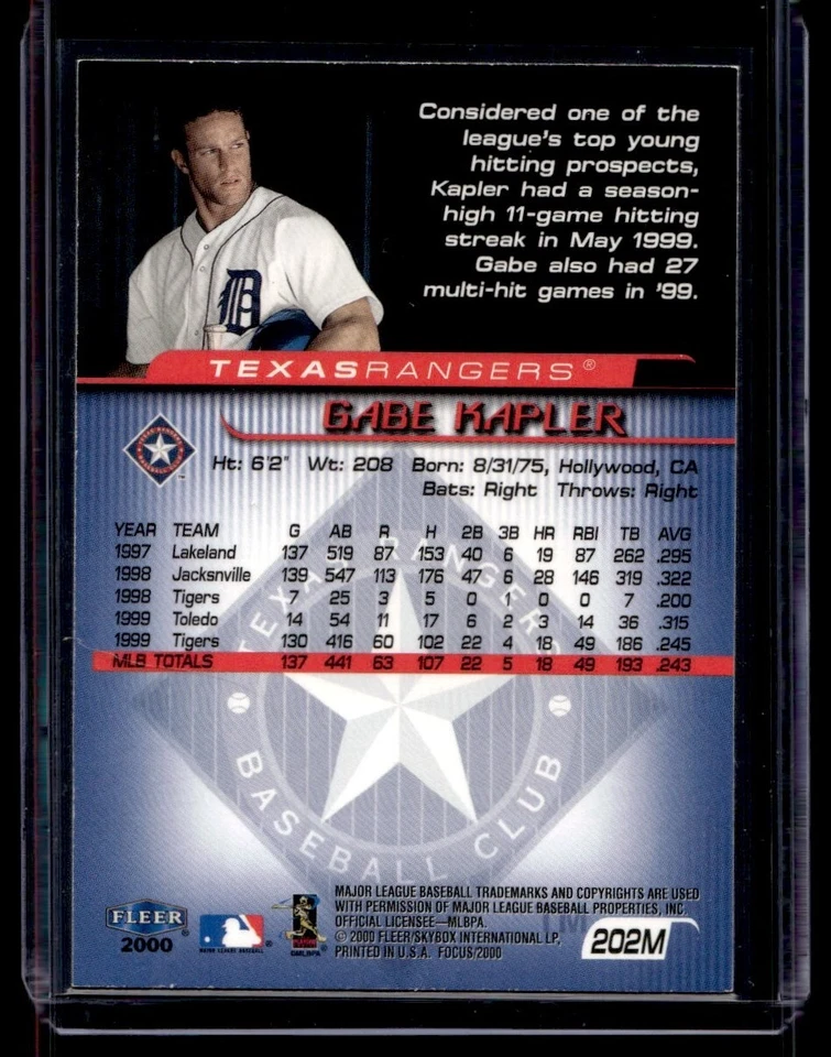 Fleer Focus 2000 error lámina púrpura falta 1/1 Gabe Kapler #202M Foto 2 de 2