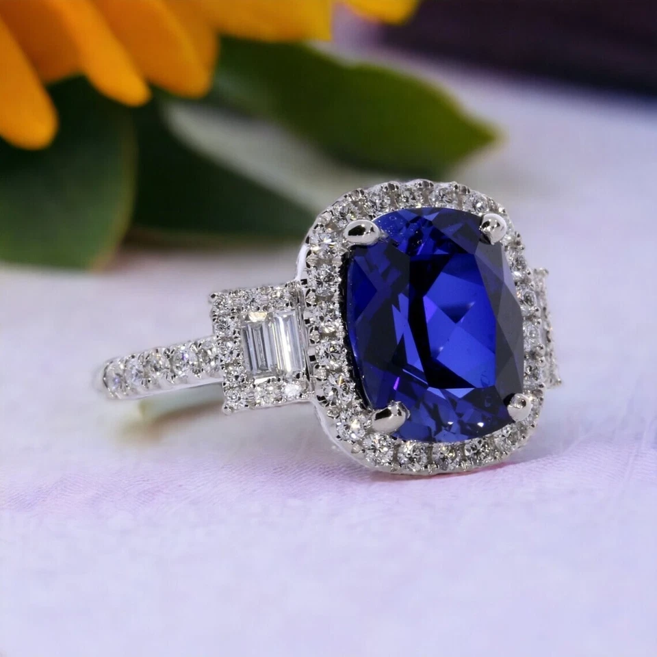 7.00 Ct Natural Sapphire Diamond Engagement Wedding Ring 14K White Gold Size 6 - Image 4 of 4