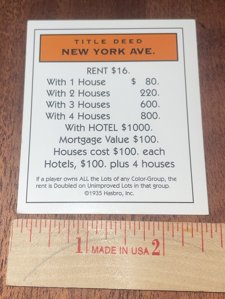 1998 Monopoly Deluxe Edition Game New York Avenue Deed Card Replacement