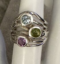 Lovely Modern Amethyst Peridot Sky Blue Topaz 925 Silver Ring Sz 6