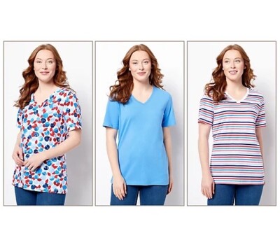 Denim & Co. Bedrucktes Jersey 3er Set V-Ausschnitt Kurzarm Oberteile Größe M