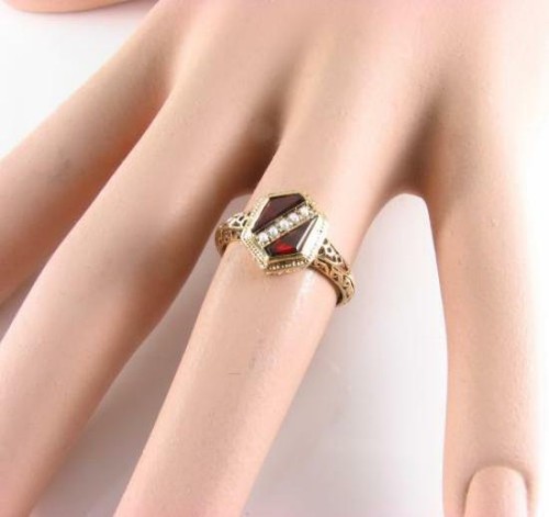 9CT 9K GOLD RARE CUT MADAGASCAN GARNET PEARL ART DECO INS RING FREE RESIZE - Photo 5 sur 6