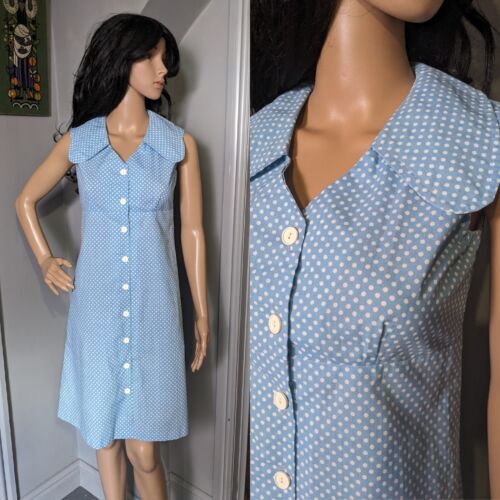 Vintage 60s Cotton Blue Collared Spot Button polkadot Dress Mod 8 10 36 - Photo 1/6