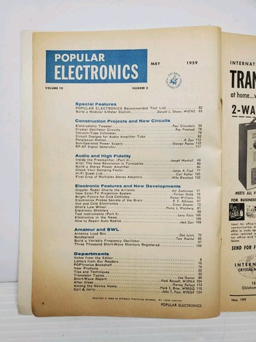Vintage Popular Electronics Magazine May 1959 Large Screen Projector Fix Radio - Picture 4 of 16