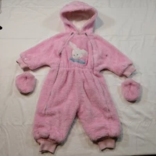 Snoveralls A Kute Kiddies Girls Infant Pink Snowsuit Hand Covers Hood Vtg 1960s