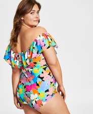 Swim Solutions Plus Size Tummy Control Off-The-Shoulder Ruffled Swimsuit, 18W