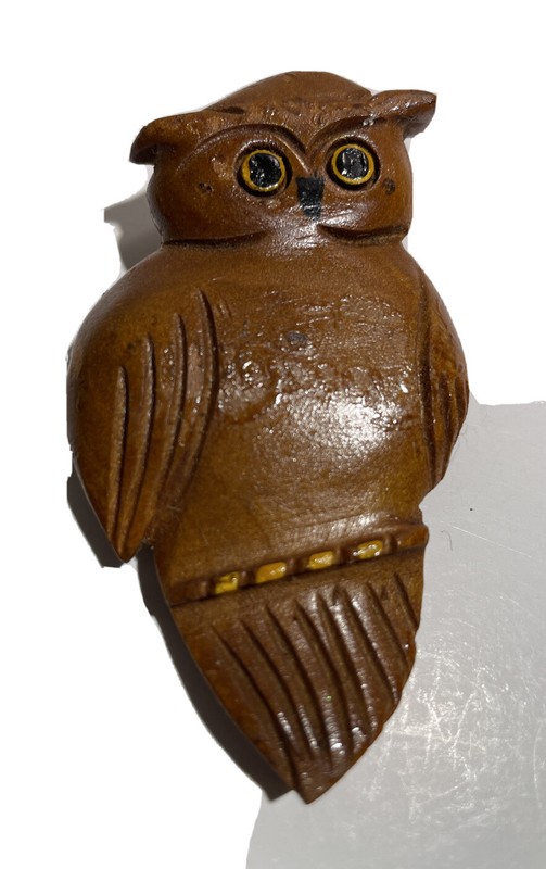 Carved and painted wooden folk art owl pin