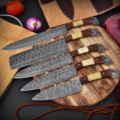 CUSTOM DAMASCUS STEEL CHEF KNIFE SET KITCHEN KNIVES SET CAMEL BONE & WOOD HANDLE