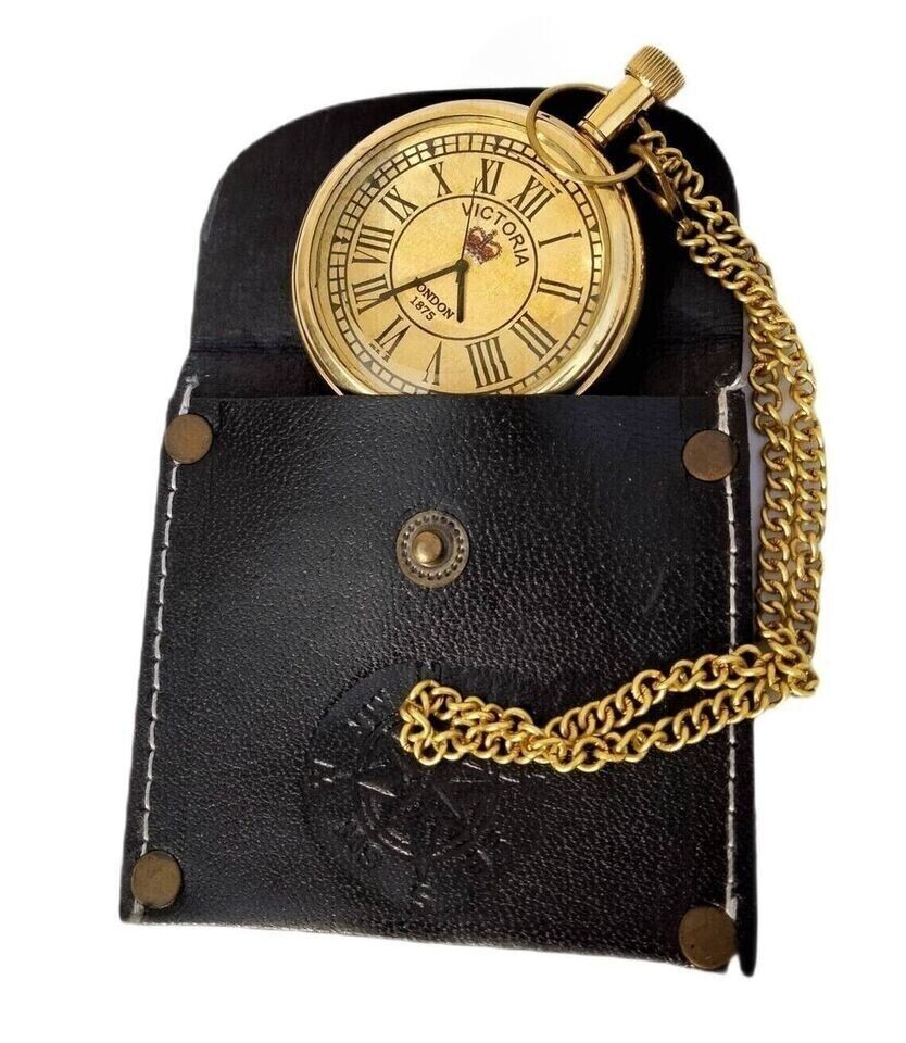 Vintage Brass pocket watch with Leather cover, Collectible Gift