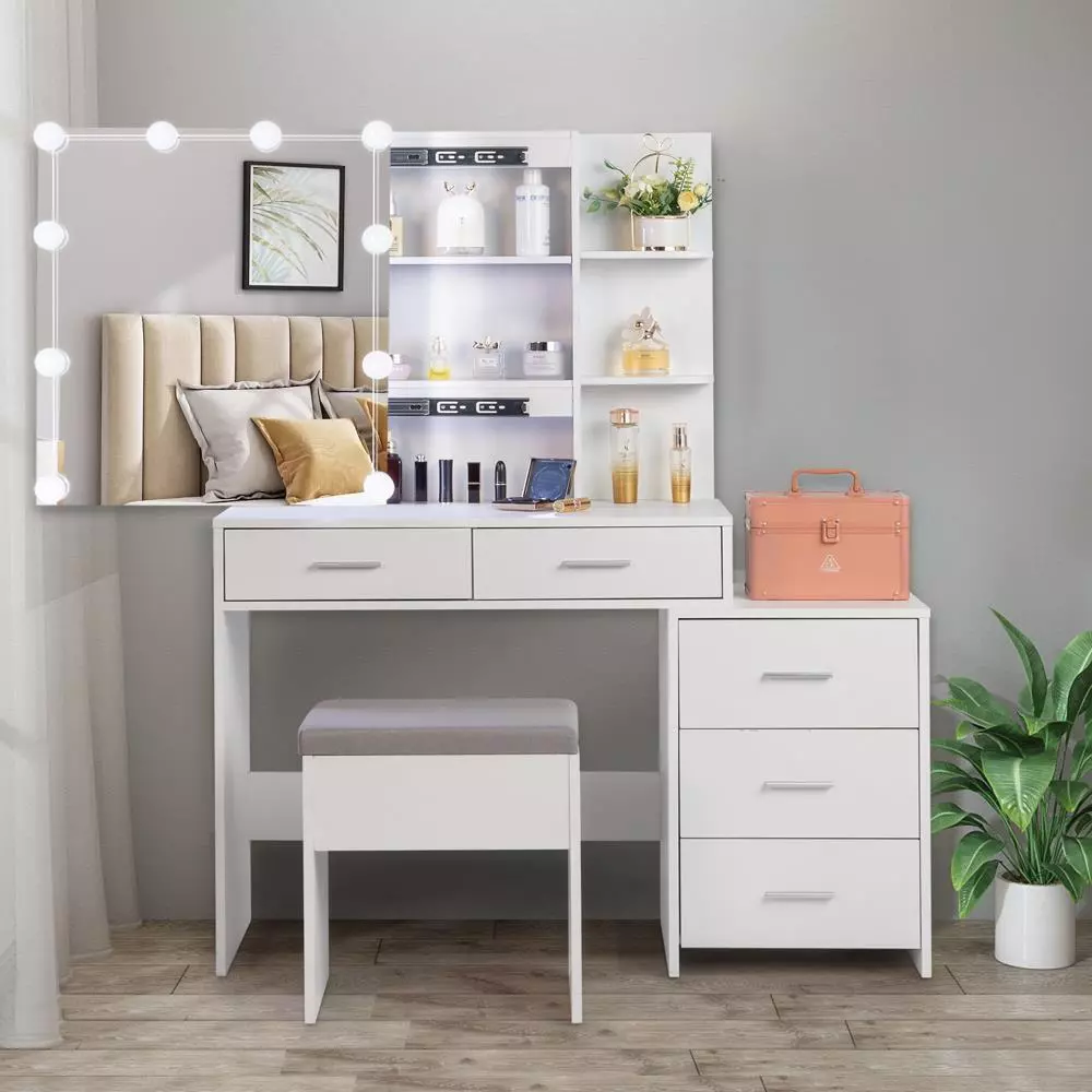 Dressing Table Stool Set with LED Mirror Sliding Cabinet 5 Drawers