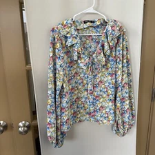 Nasty Gal Womens 4 Floral Button Up Long Sleeve Ruffled V-Neck Blouse