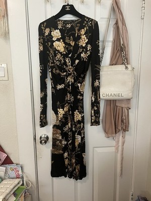 Roberto Cavalli F/W 2006 Runway Black & Gold Floral Pheasant Prints Dress.