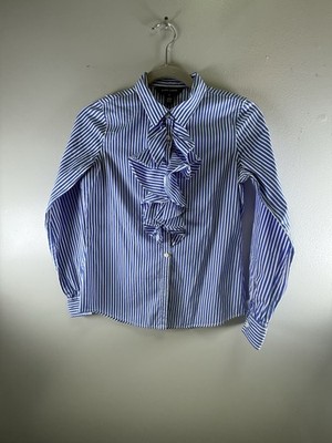 NEW Ralph Lauren Girls Striped Shirt Blue White Button Down Ruffle Cotton (431)