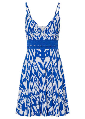Neu Kleid mit Häkeleinsatz Gr. 36/38 Blau Weiß Bedruckt Damen Minikleid