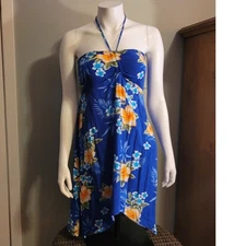 Hawaii Hangover Blue Hibiscus Floral Rayon Halter Sundress Bali Resort Dress S