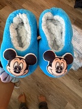 Disney Mickey Mouse Blue Plush Slippers with Grippy Soles