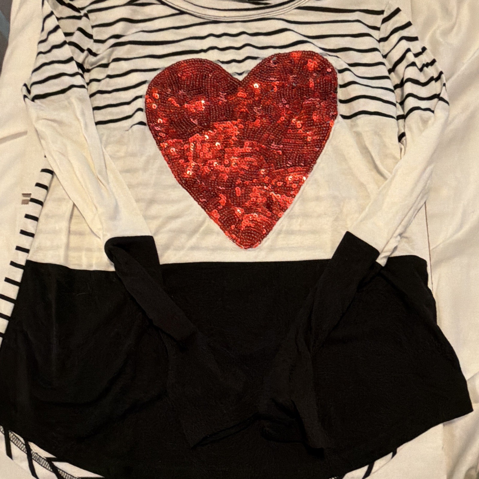 Maternity Women’s S Black & White Striped Boat Neck Top Red Sequin Heart