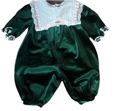 Vintage Romper Green Velour Jumpsuit Lace Xmas Little Precious Baby Girl 3-6 Mos