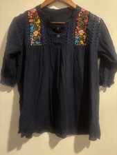 Multi Color Handmade Women  s Top Machine Embroidered Floral Boho XS Navy Artsy