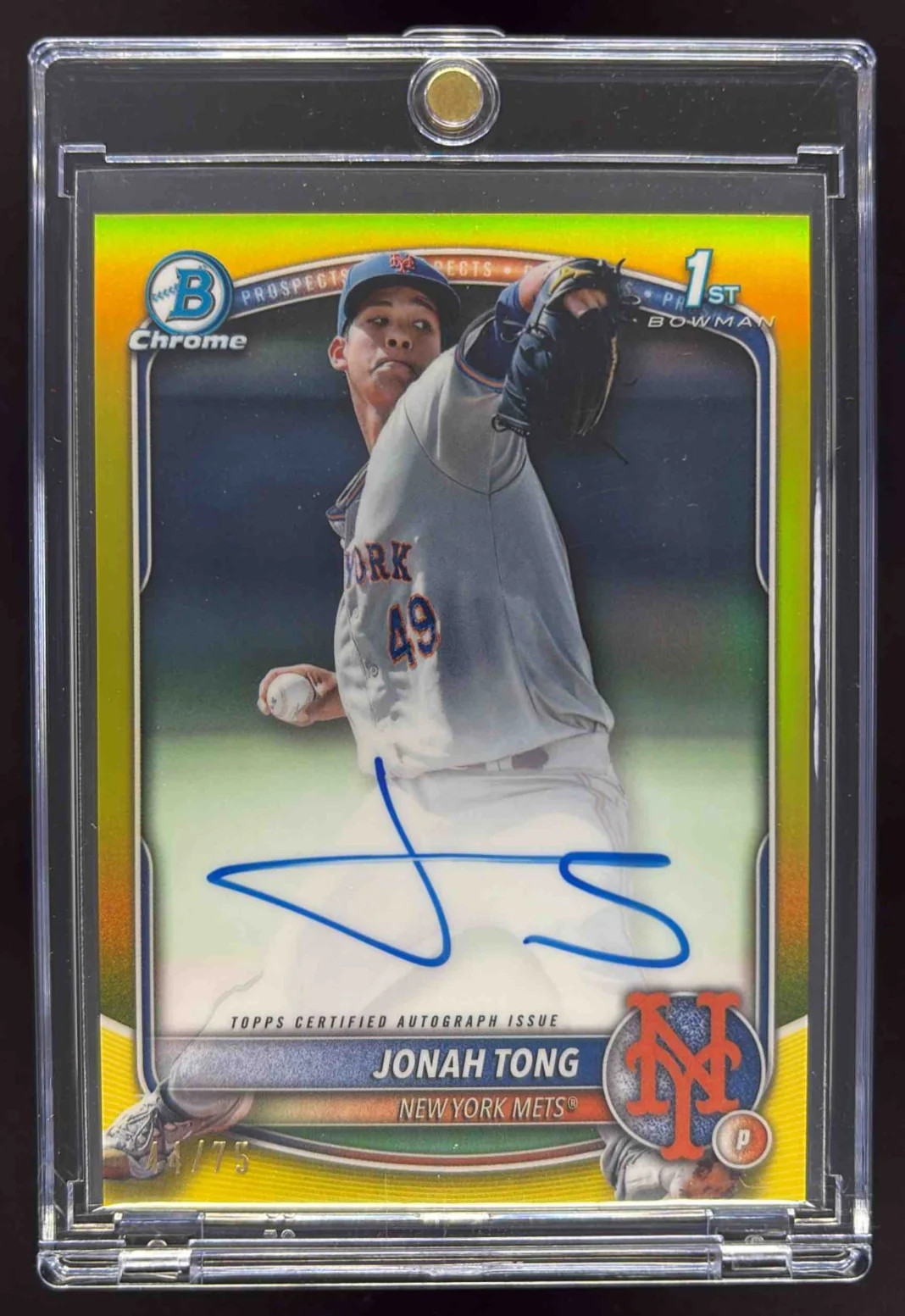 2025 Bowman Chrome Autographs Yellow Refractor #CPA-JTO Jonah Tong RC Auto /75