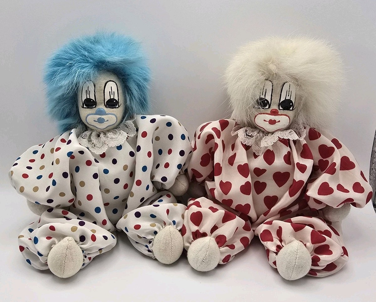 Vingage 1987 Q-Tee Clown Doll Pair ~White & Blue Fuzzy Hair Sand