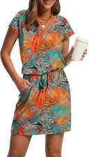 Womens V Neck T Shirt Casual Mini Tie Waist Sundress with Pockets Summer Dress