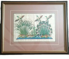 Vtg Framed EGYPTIAN PAPYRUS ART Hand Painted BIRDS  PLANTS Framed/Glass c1978