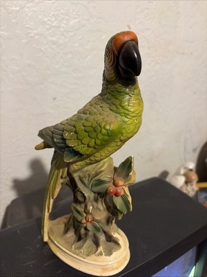 Beautiful Vintage Ceramic Parrot Statue Holly Leaves And Berries