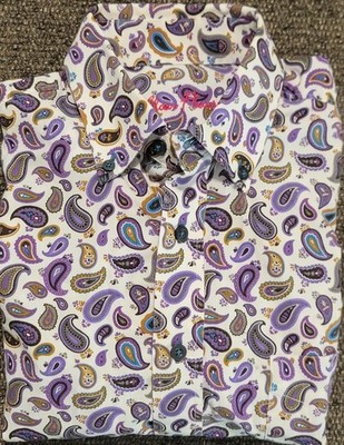 Alan Flusser Men's White Paisley 100% Cotton Long Sleeve Button Up Shirt Size S