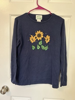 Quacker Factory Sunflower Top Sweater womens sz XS rhinestone long slv Blue