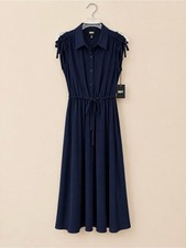 DKNY Navy Ruched Shoulder Drawstring Waist Midi Shirtdress Size 10 NWT