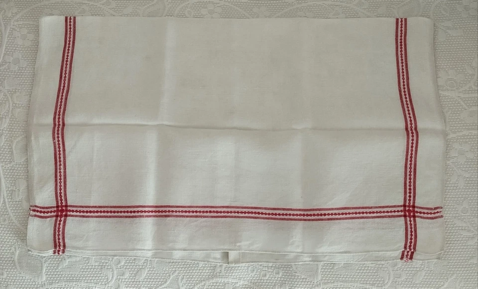 LOT de 2 Torchons ANCIENS - Monogramme Brodé Main Rouge "BM" + liteaux brodés - Photo 4/4