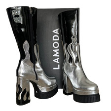 Stivali al ginocchio Lamoda donna neri taglia UK 7 EU 40 argento vernice plateau zip.