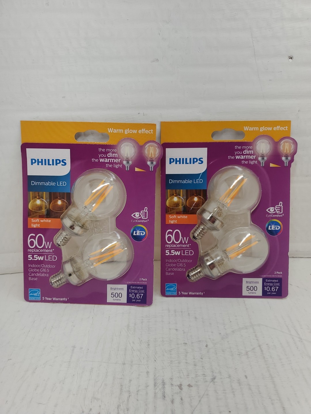 2 Packs Of 2 Philips Dimmable LED Soft White Light 60W/5.5w 