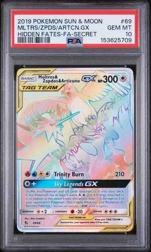 PSA 10 Moltres Zapdos Articuno GX 69/68 Pokemon Hidden Fates Secret Rare Rainbow