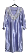 Vintage Queentex Purple Satin Lace Housecoat Robe L Long Sleeve Bridal Modest