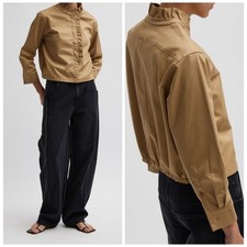 Tibi Chino Holly Shirt Women 14 Tan Ruffle Collar Bracelet Sleeve Quiet Luxury