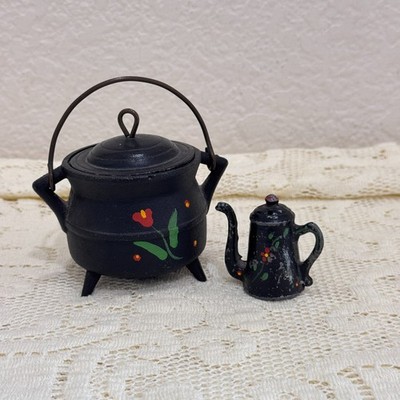 Vtg Mini Cast Iron Bean Pot Tea Kettle Lot Tole Painted Folk Art Dollhouse 3''