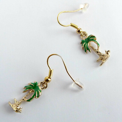 Boucles D'oreilles Artisanales Palmier - Vert Et Doré - Fabriquées En France - Légères