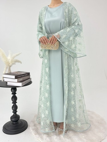 Muslim Women 2 Piece Set Lace Flower Open Kaftan Maxi Dress Abaya Dubai Kimono - Picture 9 of 10