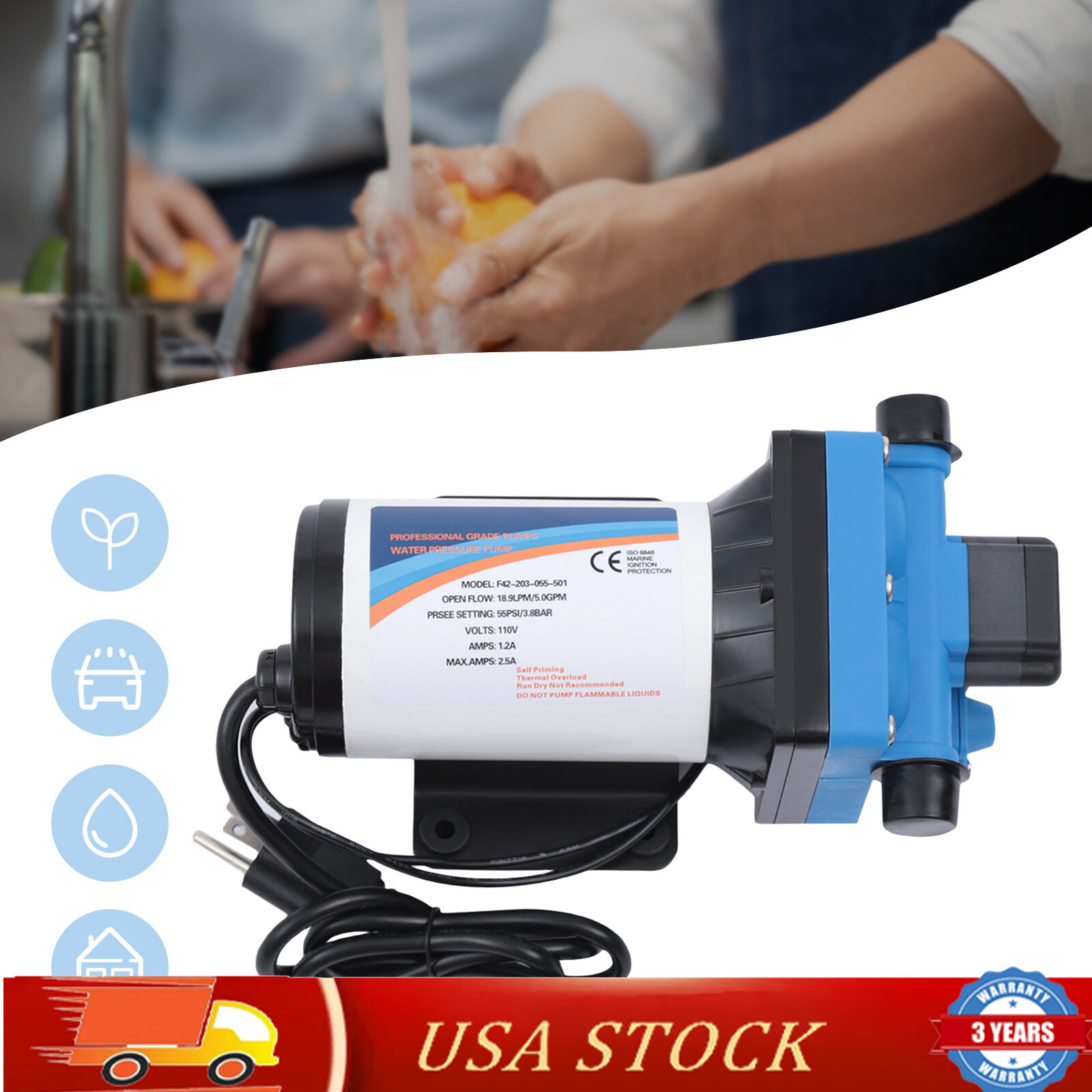 110V Self Priming Water Pressure Diaphragm Pump 55 PSI for Home/Caravan/Marine