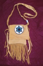 Native American Made Deerskin Leather Pouch w/rosette  Braided strap 5x5" LL12