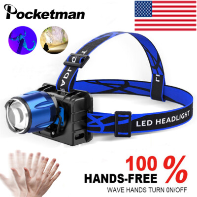 LED Dual Light Source UV LED Headlamp White Headlight Torch Purple Flashlight