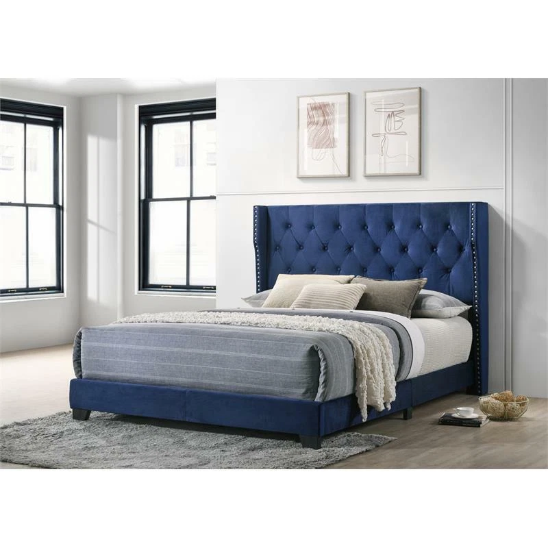 Navy Blue Velvet Panel Bed with Tufted Headboard in Queen Size eBay